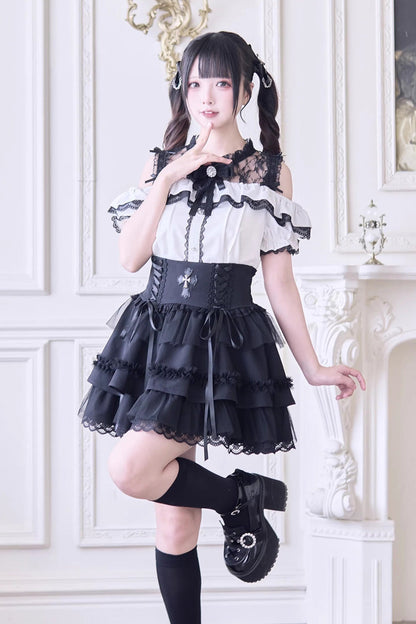 Off Shoulder Short Sleeves Hollow Bowknot Jirai Kei Japanese Blouse