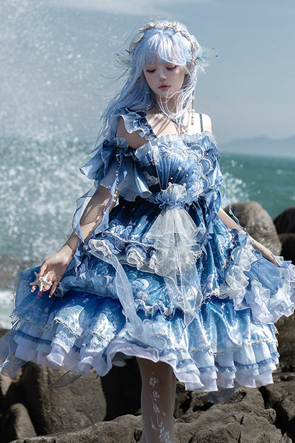 Gradient Printed Ruffled Embroidered Bow Lace Asymmetric Sweet Elegant Lolita JSK