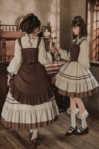 At Sunset Round-Collar Lantern-Sleeved Double-Layered Printed Ruffled Classic Lolita Dress in Beige and Brown, 2 Versions