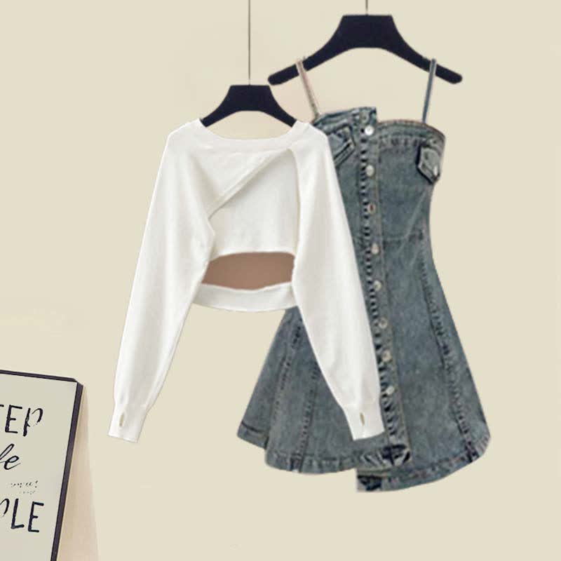 Sweater Hollow Dress Slip Denim Out Irregular