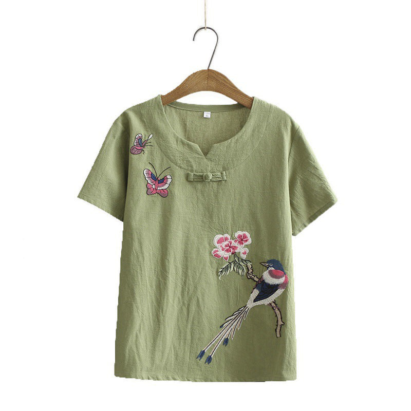 T-Shirt-Hosen-Set mit Vintage-Vogelstickerei und Schnalle