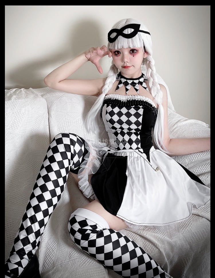 Halloween Black White Clown Costume Top and Skirt