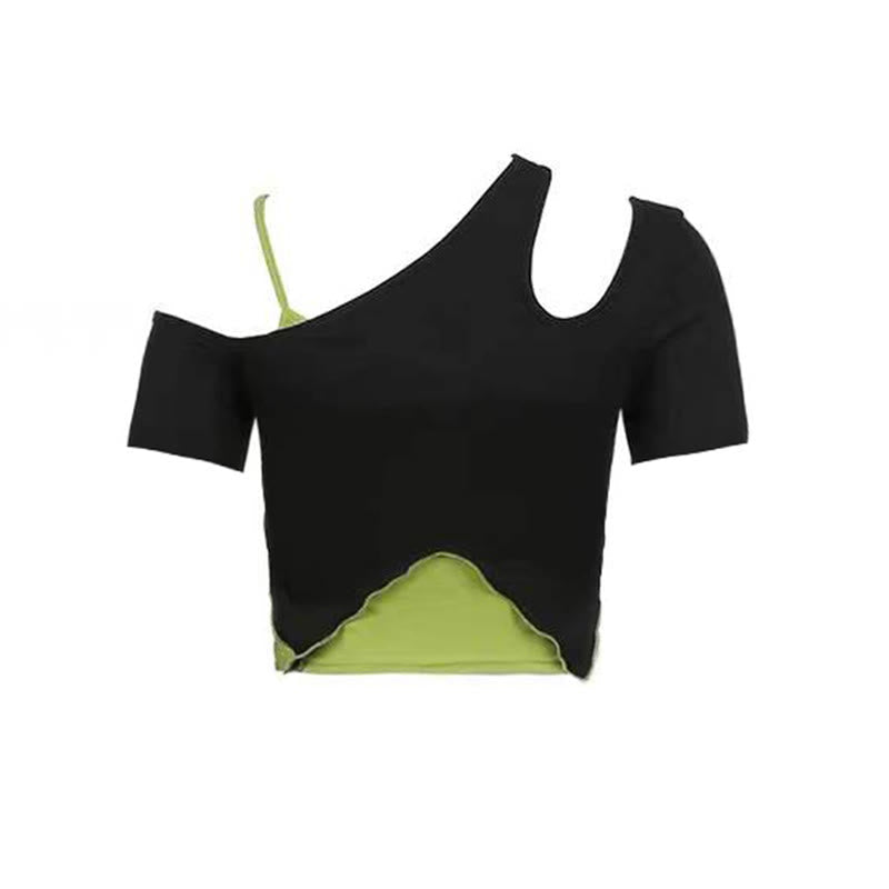 Oblique Colorblock Top Pocketed Pants Cargo Crop