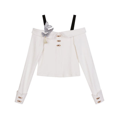 Sweet Embroidery Off The Shoulder Butterfly Shirt Irregualr Bow Pleated Skirt