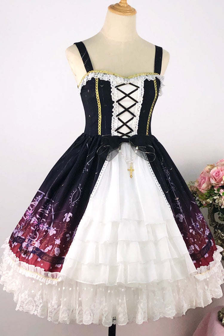 Black Red Sleeveless Gradient Print Ruffle Cardigan Bowknot Lace-Up Sweet Elegant Lolita Jsk Dress