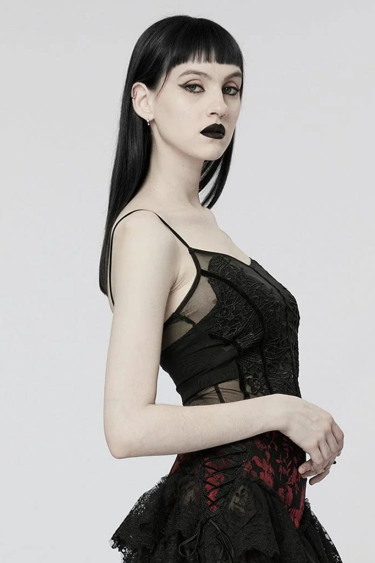 Sheer Lace Trim Gothic Sleeveless Sling Top in Black - NoirEdge