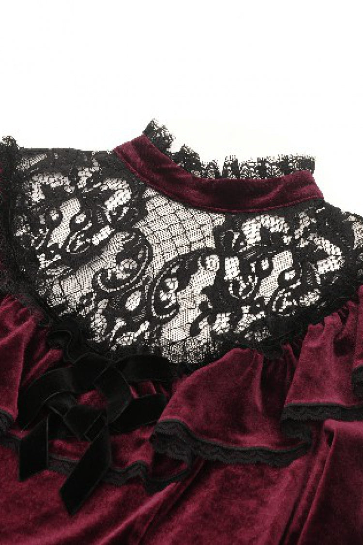 Crimson Knit Velvet Maxi Gown with Long Sleeves - Gothic Graduation Attire