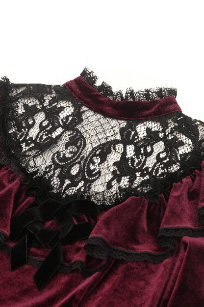 Crimson Knit Velvet Maxi Gown with Long Sleeves - Gothic Graduation Attire