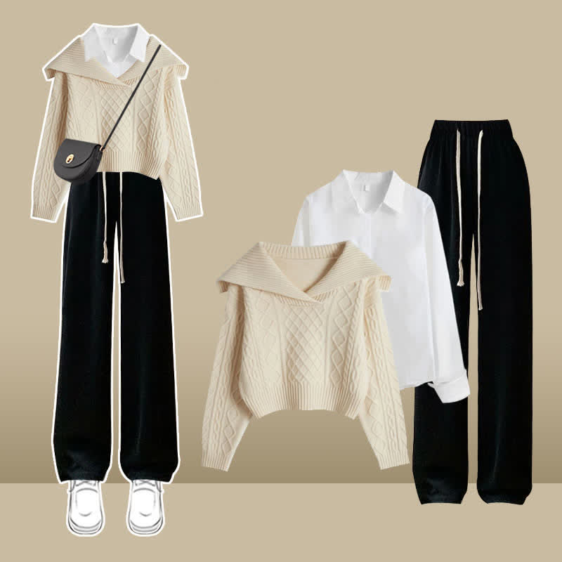 Lapel Cable Knit Sweater Shirt Draw String Casual Pants