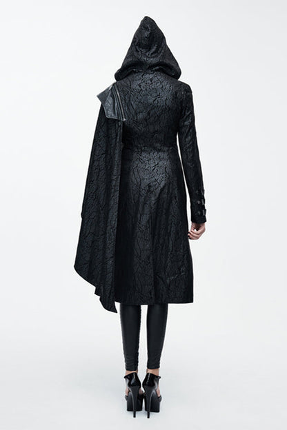 Hooded Shawl Collar Gothic Pattern Faux Leather Long Coat