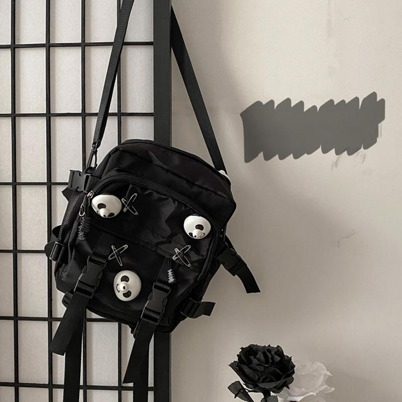 Black Panda Pin Backpack Crossbody Bag