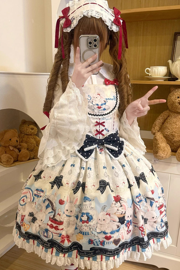 Mystery Rabbit Tea Party Sleeveless Print Ruffle Bowknot Lace Sweet Lolita JSK Dress in Beige