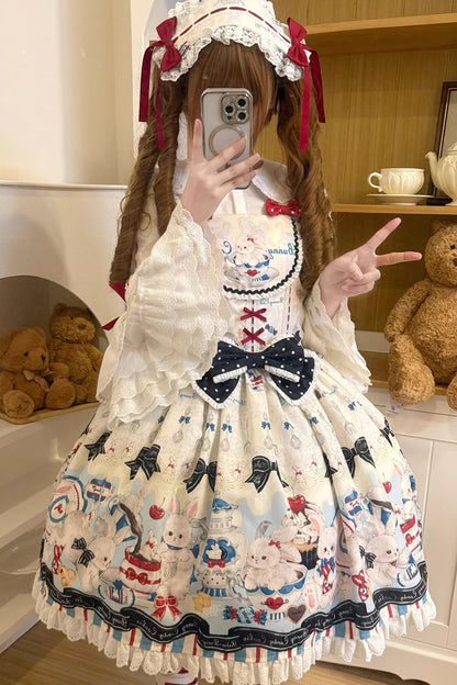 Mystery Rabbit Tea Party Sleeveless Print Ruffle Bowknot Lace Sweet Lolita JSK Dress in Beige