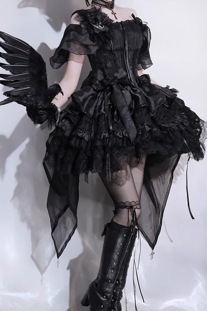 Black Rose Memoirs Sleeveless Multi-Layer Bow Lace Gothic Lolita Skirt Set