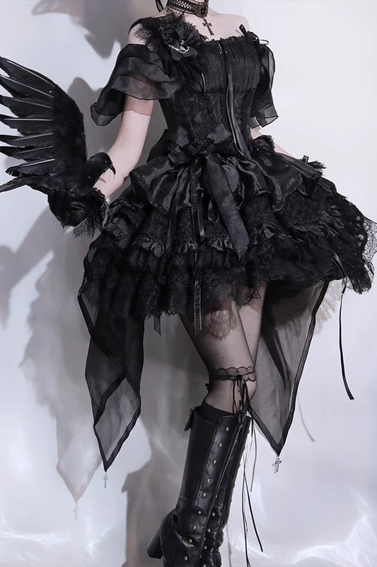 Black Rose Memoirs Sleeveless Multi-Layer Bow Lace Gothic Lolita Skirt Set