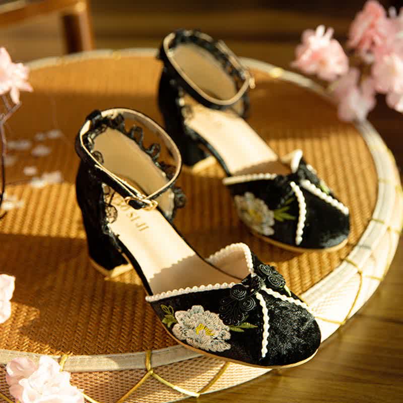 Chaussures Mary Janes élégantes avec boucle et broderie de fleurs