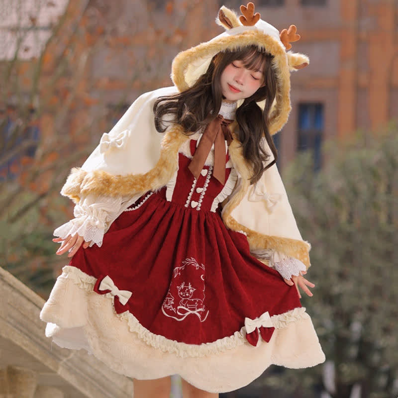 Cartoon Antler Plush Hooded Cloak Lolita Coat