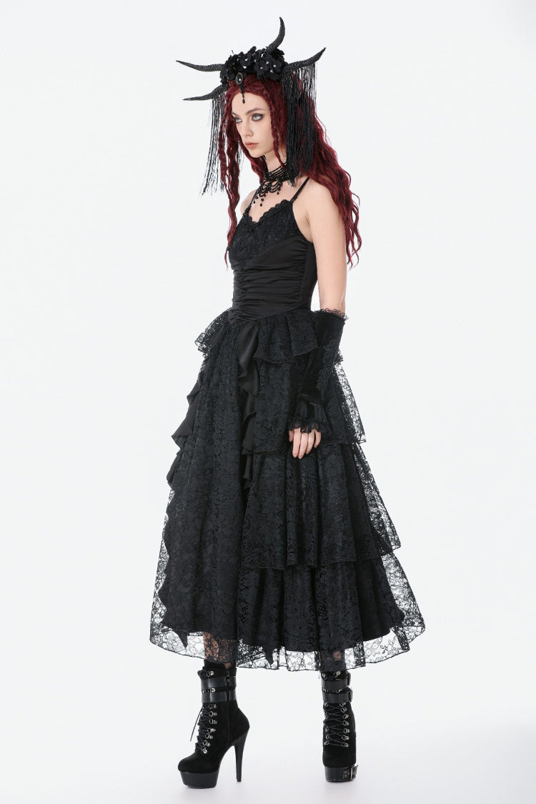 Ruched Lace Gothic Maxi Slip Dress for Weddings