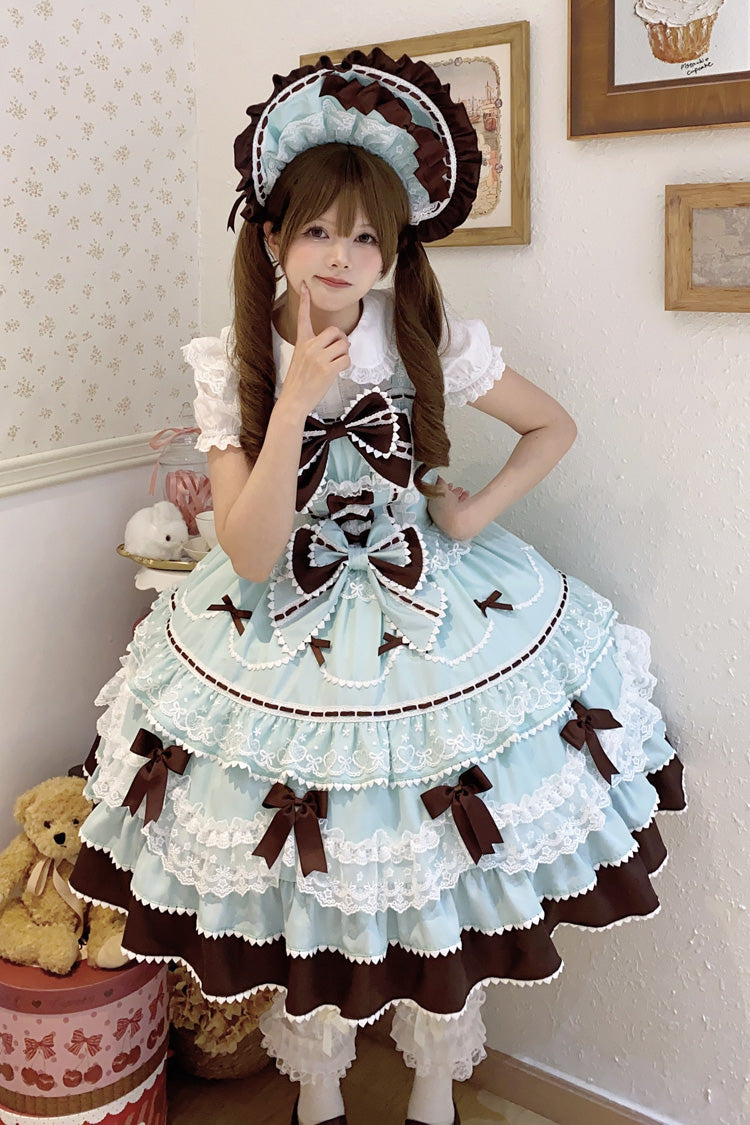 Mint Chocolate Fondant Cake Sleeveless Multi-Layer Ruffle Bow Lace Sweet JSK Dress