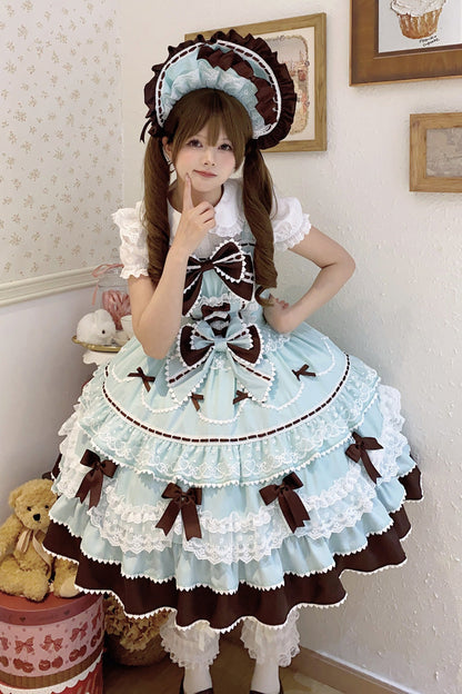 Mint Chocolate Fondant Cake Sleeveless Multi-Layer Ruffle Bow Lace Sweet JSK Dress