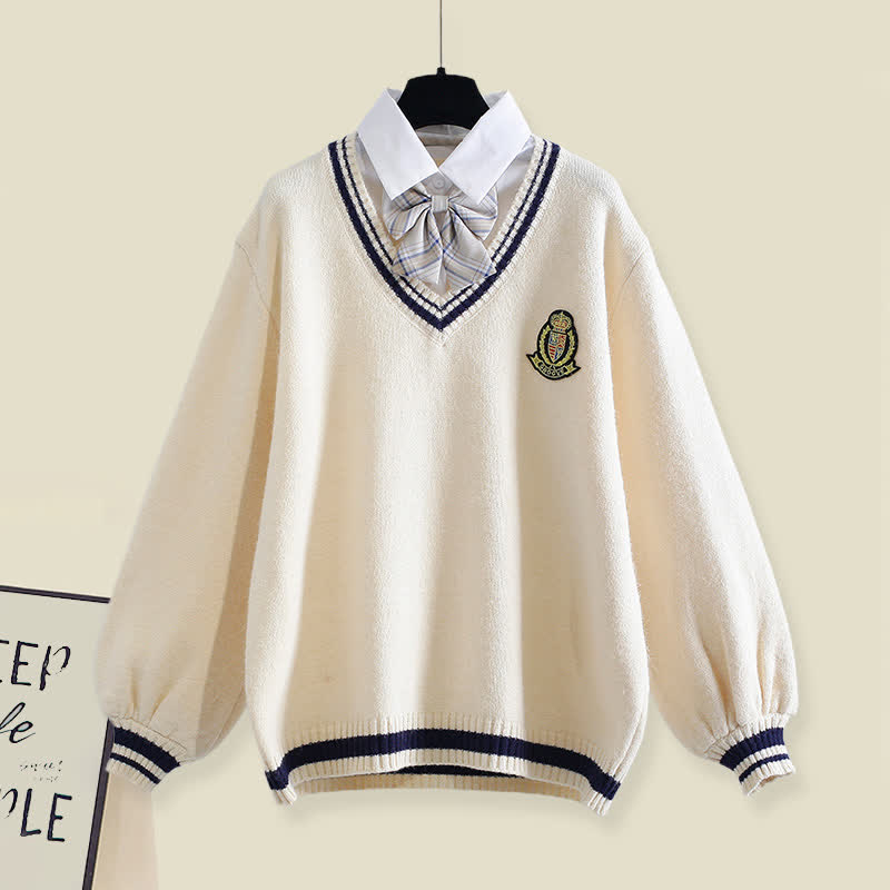 Sweater Pleated Decor Bow Pieces Plush Skirt Two Pants Fake