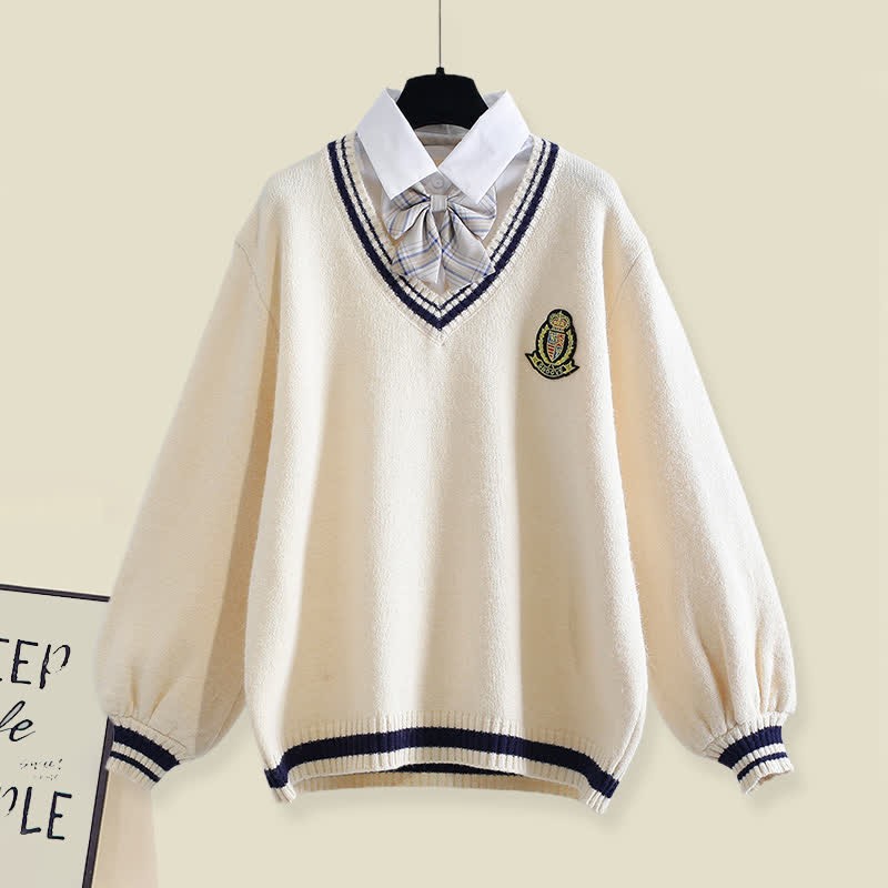 Sweater Pleated Decor Bow Pieces Plush Skirt Two Pants Fake