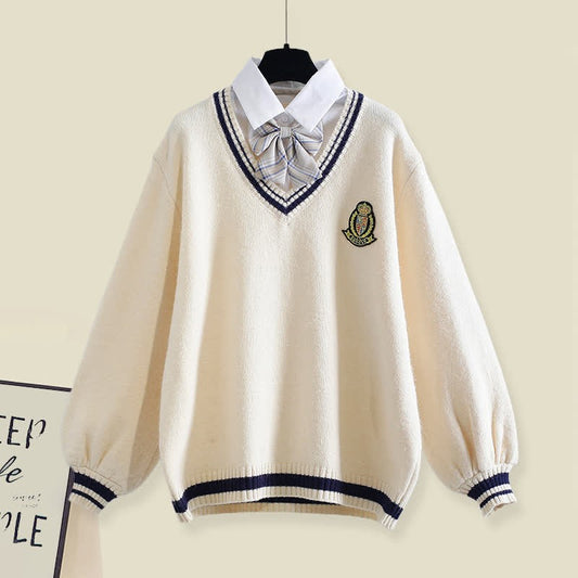 Sweater Pleated Decor Bow Pieces Plush Skirt Two Pants Fake