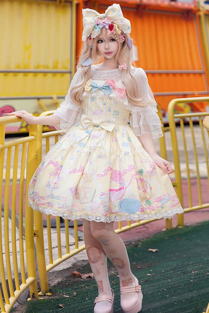 Macaron Dolly House Sleeveless Print Bow Sweet Lolita JSK in Yellow