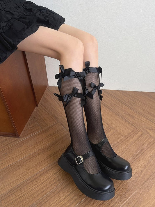 White/Black  Bowknot Details Semi-sheer Underknee Stockings