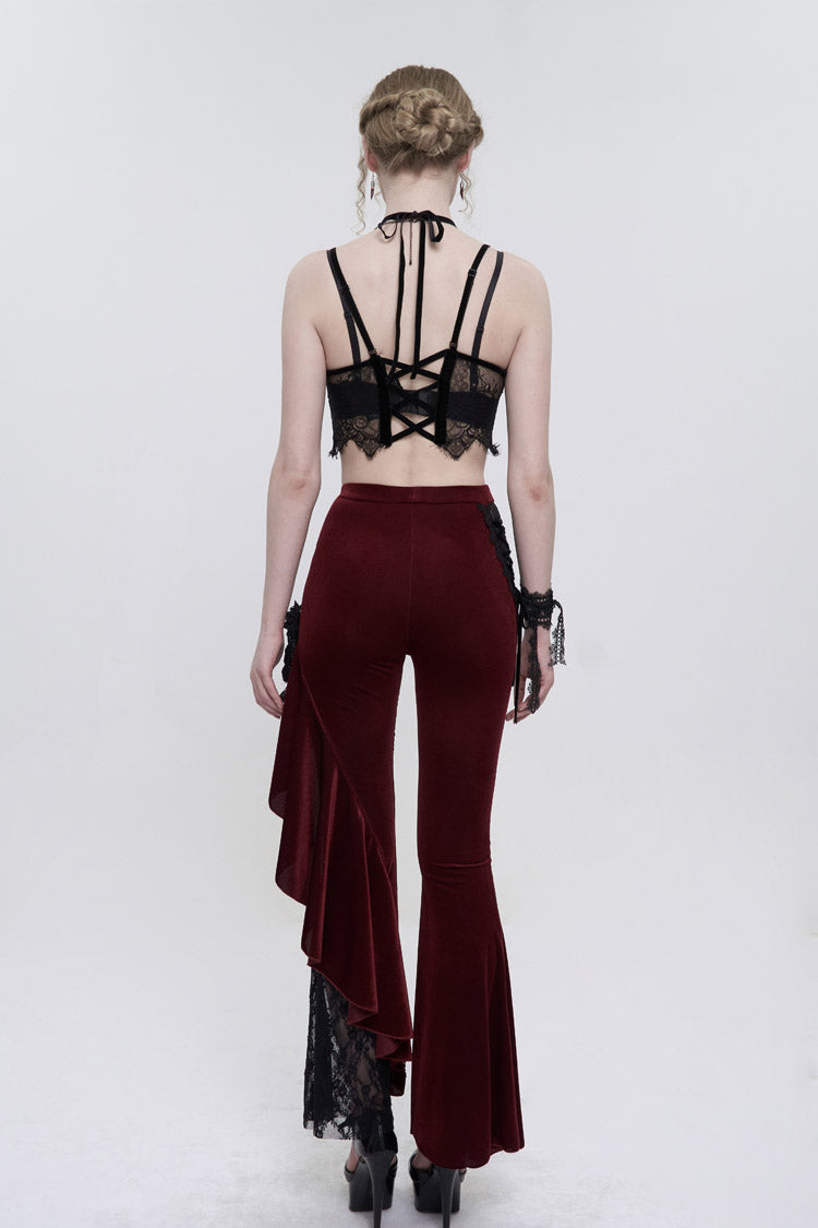 Velvet Single Side Stitching Rose Net Side Rope Flare Gothic Pants