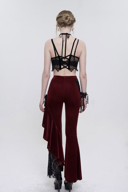 Velvet Single Side Stitching Rose Net Side Rope Flare Gothic Pants