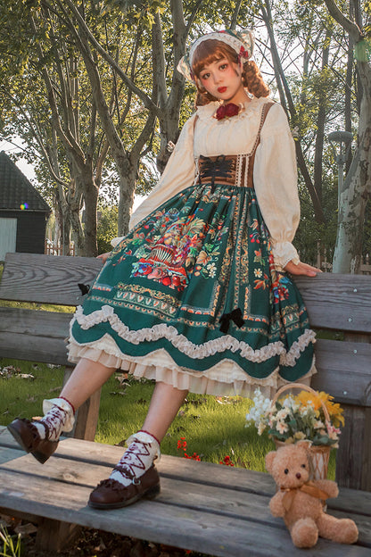 Emerald Ode to Plenty Berries Birds Print Ruffle Velvet Classic Lolita Breast Support JSK