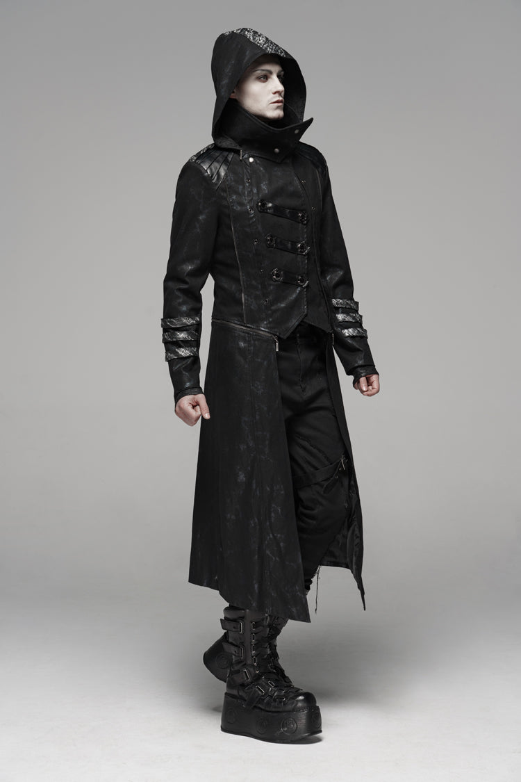 Men's Gothic Long Jacket with Hood and Stretch Twill