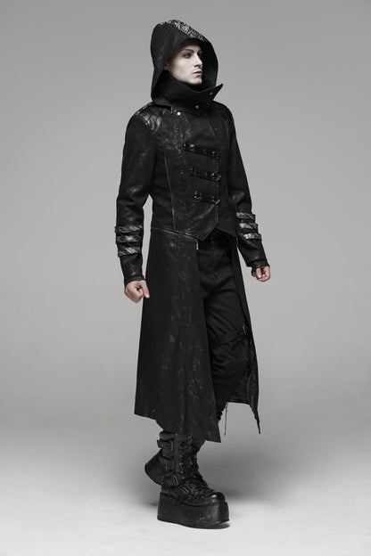 Men's Gothic Long Jacket with Hood and Stretch Twill