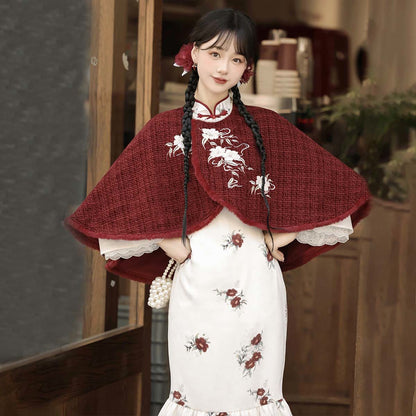 Pieces Buckle Two Vintage Flower Dress Cloak Embroidery