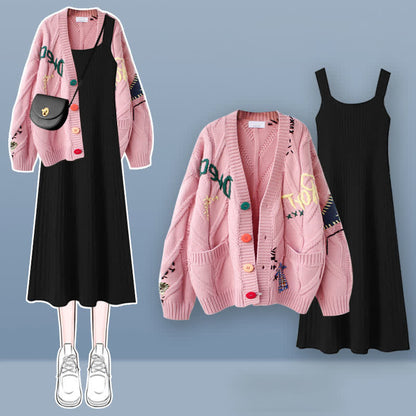Sweater Set Colorful Embroidery Dress Slip Cardigan