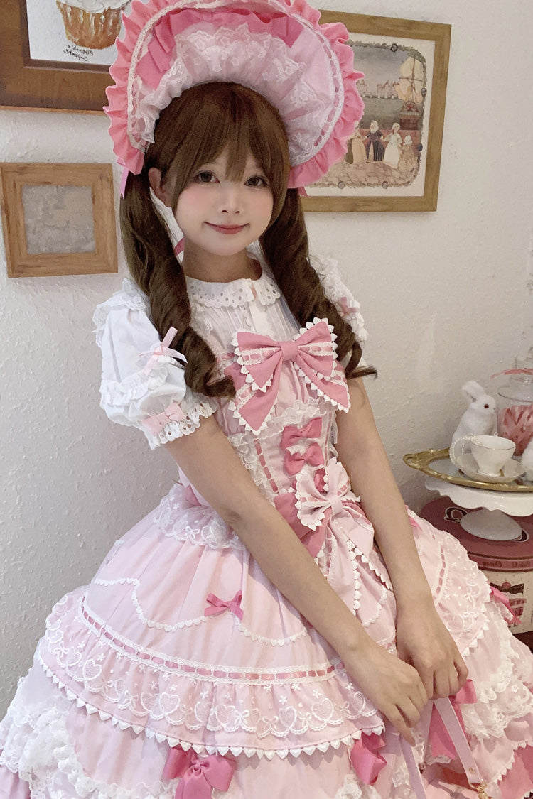 Pink Fondant Cake Sleeveless Multi-Layer Ruffle Bow Lace Sweet JSK Dress
