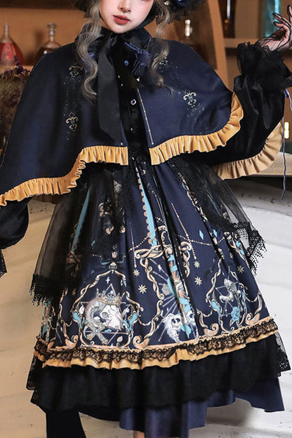 Black Gothic Lolita OP Dress with Lace Ruffled Long Sleeves