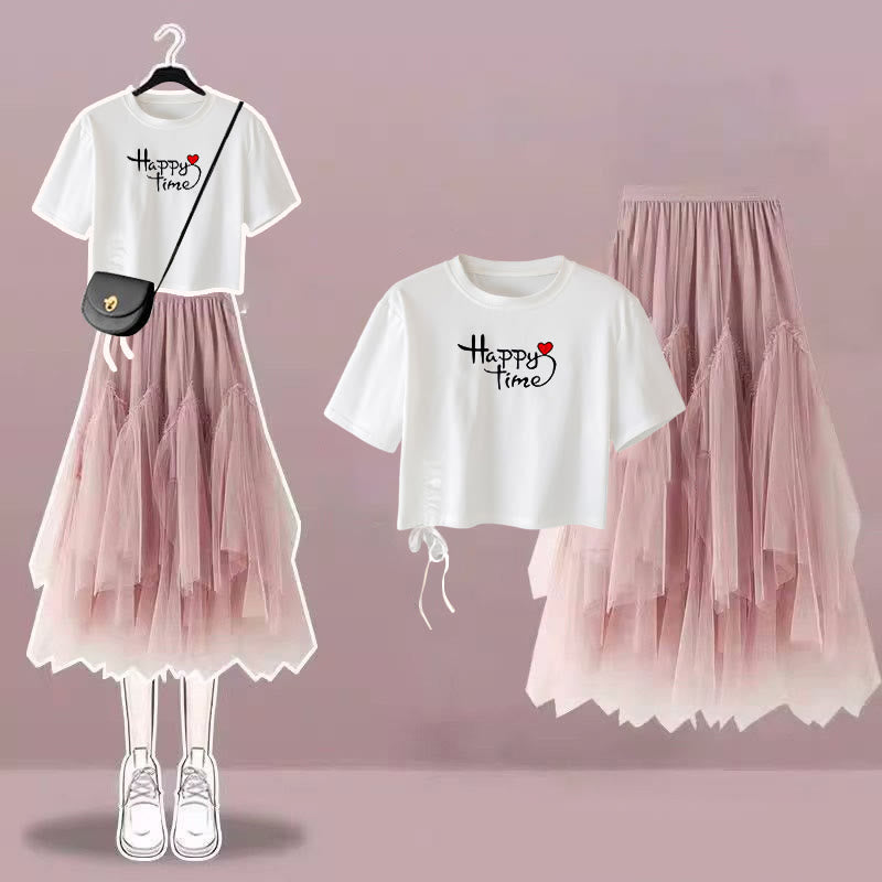 Drawstring Print Loose T-Shirt Tulle Skirt