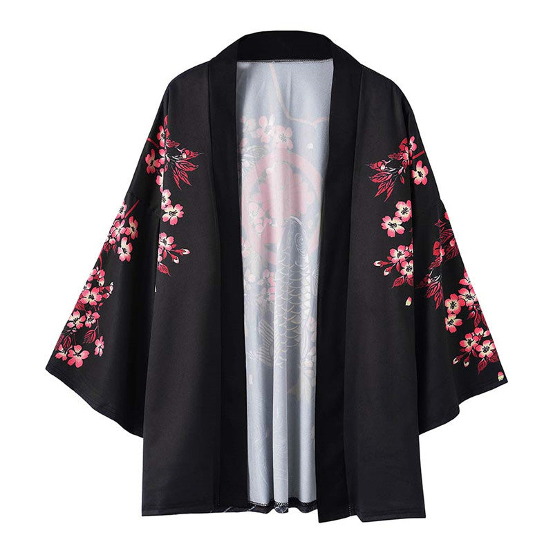 Schwarzer Kimono mit Fisch-Blumenmuster, Sonnenschutz