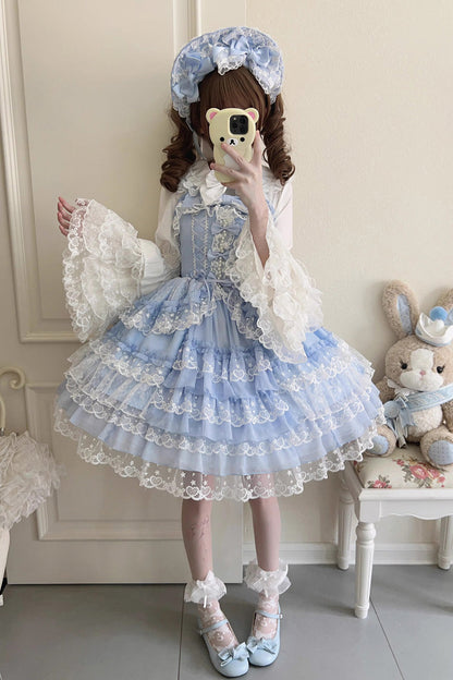 Azure Layered Ruffled Bow Lace Sweet Lolita JSK
