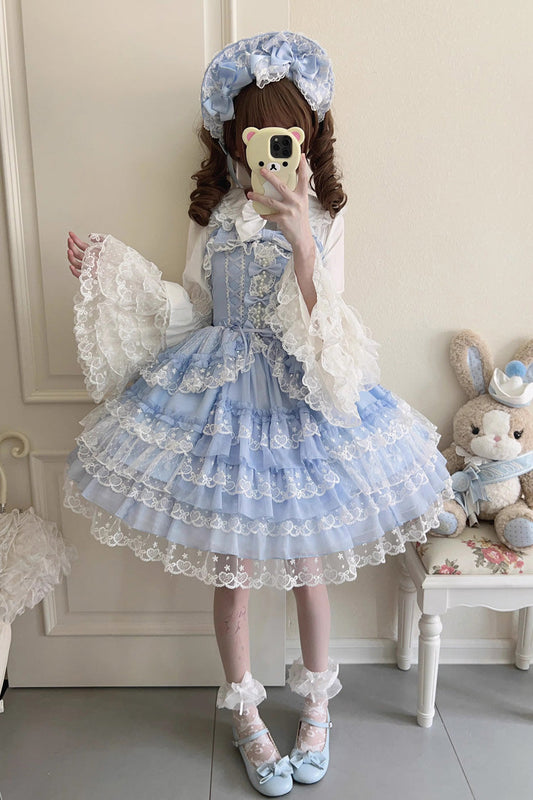 Azure Layered Ruffled Bow Lace Sweet Lolita JSK