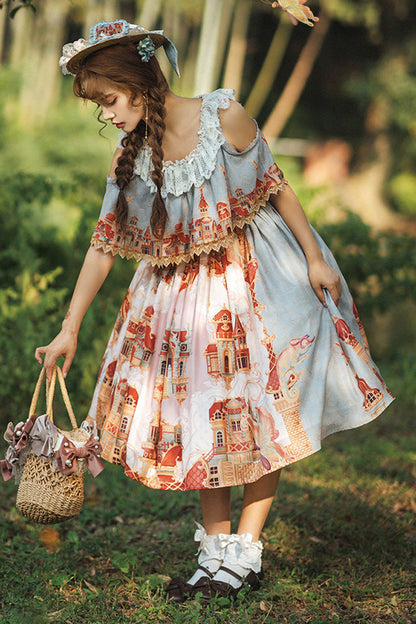 European Architecture Oil Painting Off-Shoulder Ribbon Lolita Dress