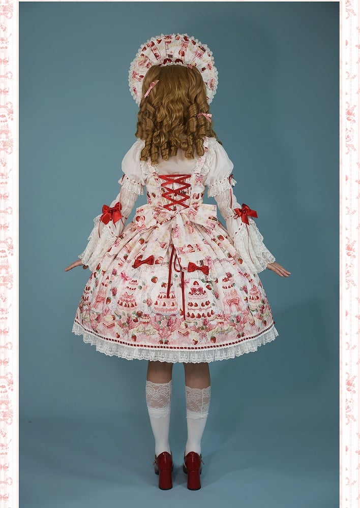 Strawberry and Desserts Print White Sweet Bow Accents Lolita JSK / Full Set