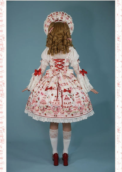 Strawberry and Desserts Print White Sweet Bow Accents Lolita JSK / Full Set