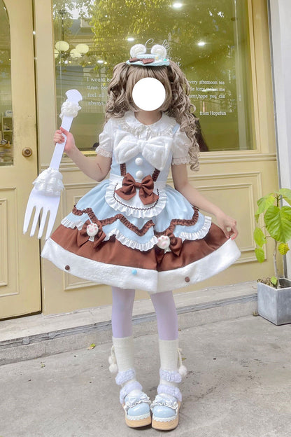 Blue/Brown Sweet Lolita Winter Ruffle Bowknot JSK Dress