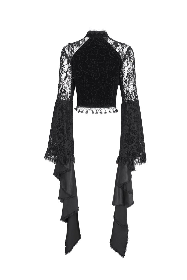 Women's Dark Blouse with Flared Sleeves and Lace Trim