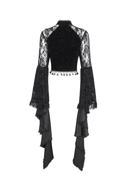 Women's Dark Blouse with Flared Sleeves and Lace Trim