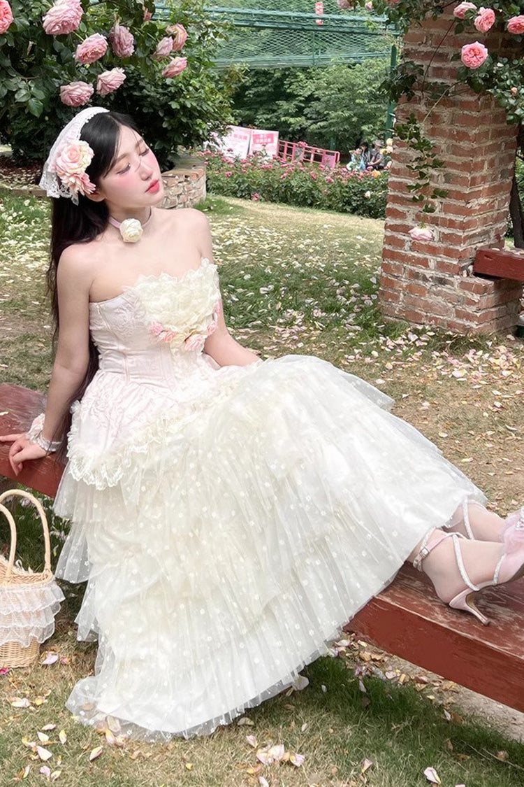 Pink Floral Love Ruffle Bow Lace Elegant Lolita Maxi Set