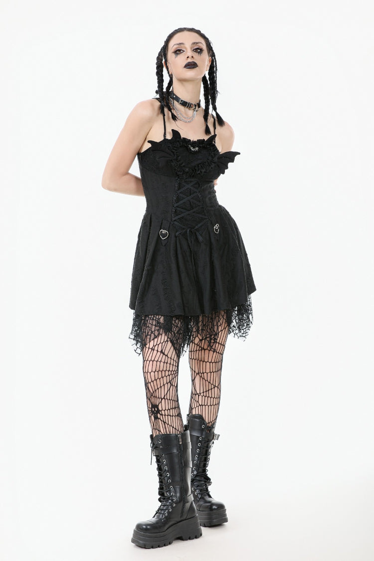 Pleated Dark Demon Slip Dress with Corset Lacing - NoirEdge